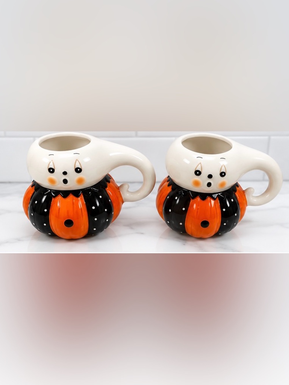 Johanna Parker Halloween Ghost Pumpkin Ceramic Mugs Set of 2 Orange Black NWT
